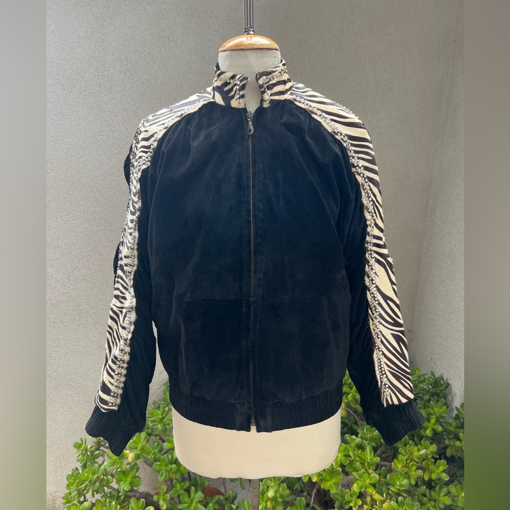 Vintage Kippys bomber jacket black suede leather zebra print fur rhinestones XS